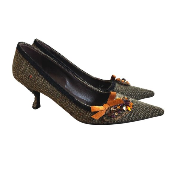 vtg. y2k 2000's Prada Jeweled Brown Pointed toe kitten‎ Heels size US 7/37 - Picture 4 of 7